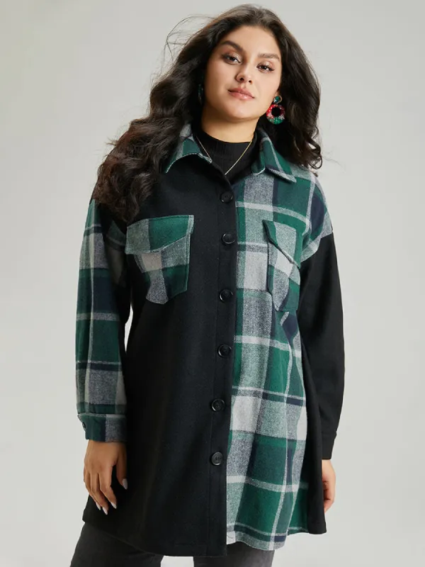 Plaid Contrast Patchwork Pocket Button Up Shacket sold by Bloomchic