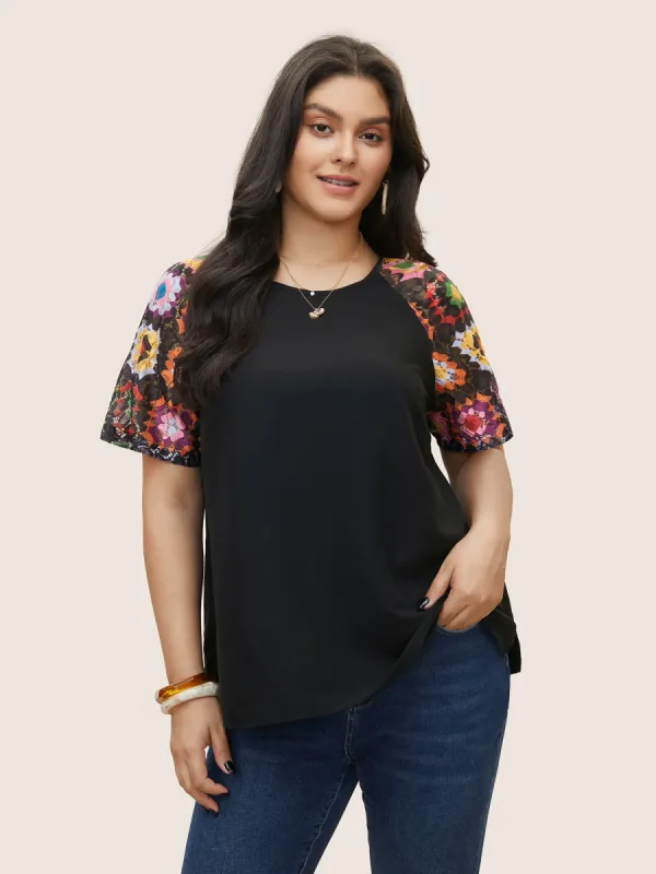 Boho Print Lace Panel Raglan Sleeve Blouse sold by Bloomchic