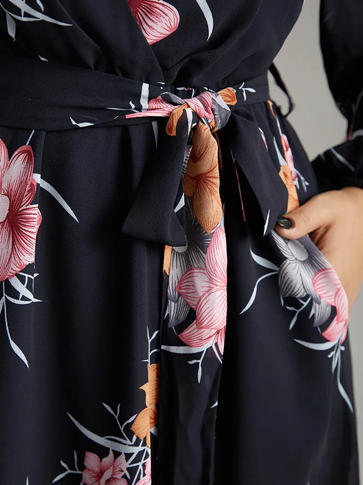 Chiffon Floral Print Keyhole Belted Pocket Dress sold by Bloomchic product image thumbnail 5