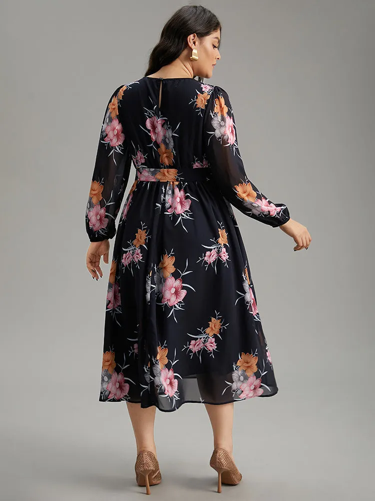 Chiffon Floral Print Keyhole Belted Pocket Dress sold by Bloomchic product image thumbnail 2