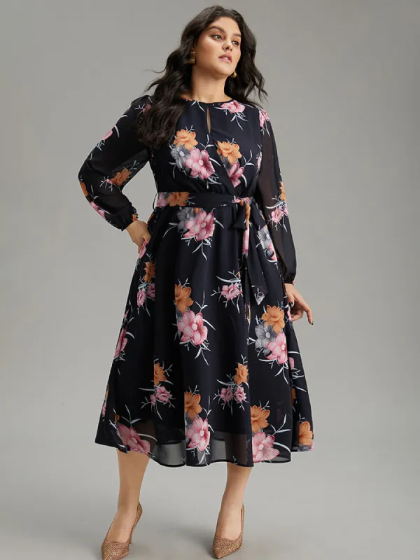 Chiffon Floral Print Keyhole Belted Pocket Dress sold by Bloomchic