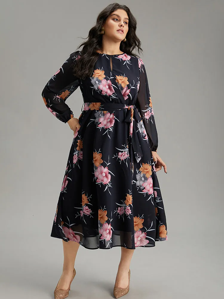 Chiffon Floral Print Keyhole Belted Pocket Dress sold by Bloomchic
