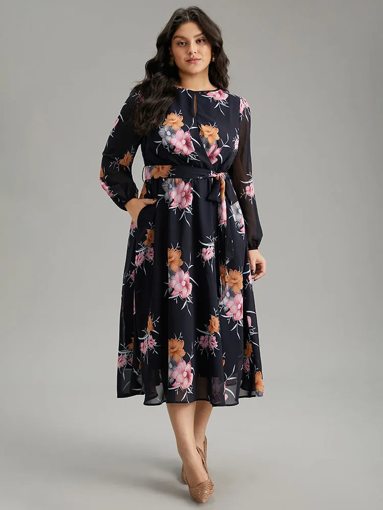 Chiffon Floral Print Keyhole Belted Pocket Dress sold by Bloomchic product image thumbnail 4