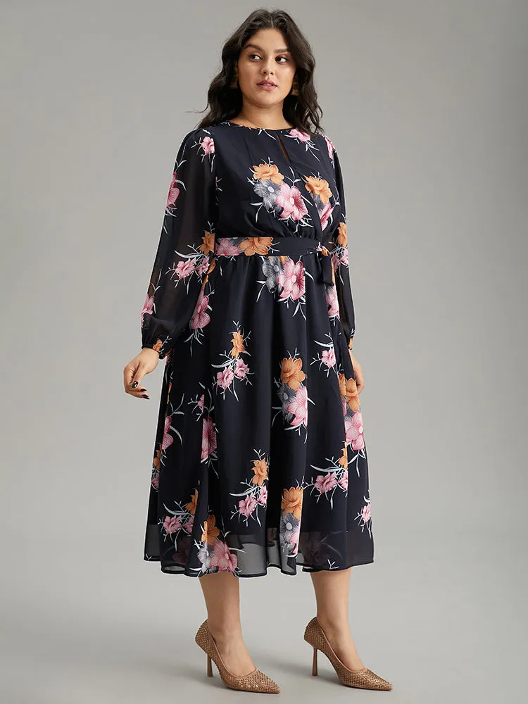 Chiffon Floral Print Keyhole Belted Pocket Dress sold by Bloomchic product image thumbnail 3