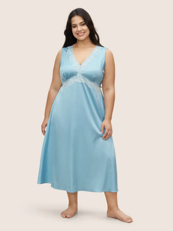 Satin Lace Panel Elastic Waist Sleep Dress sold by Bloomchic