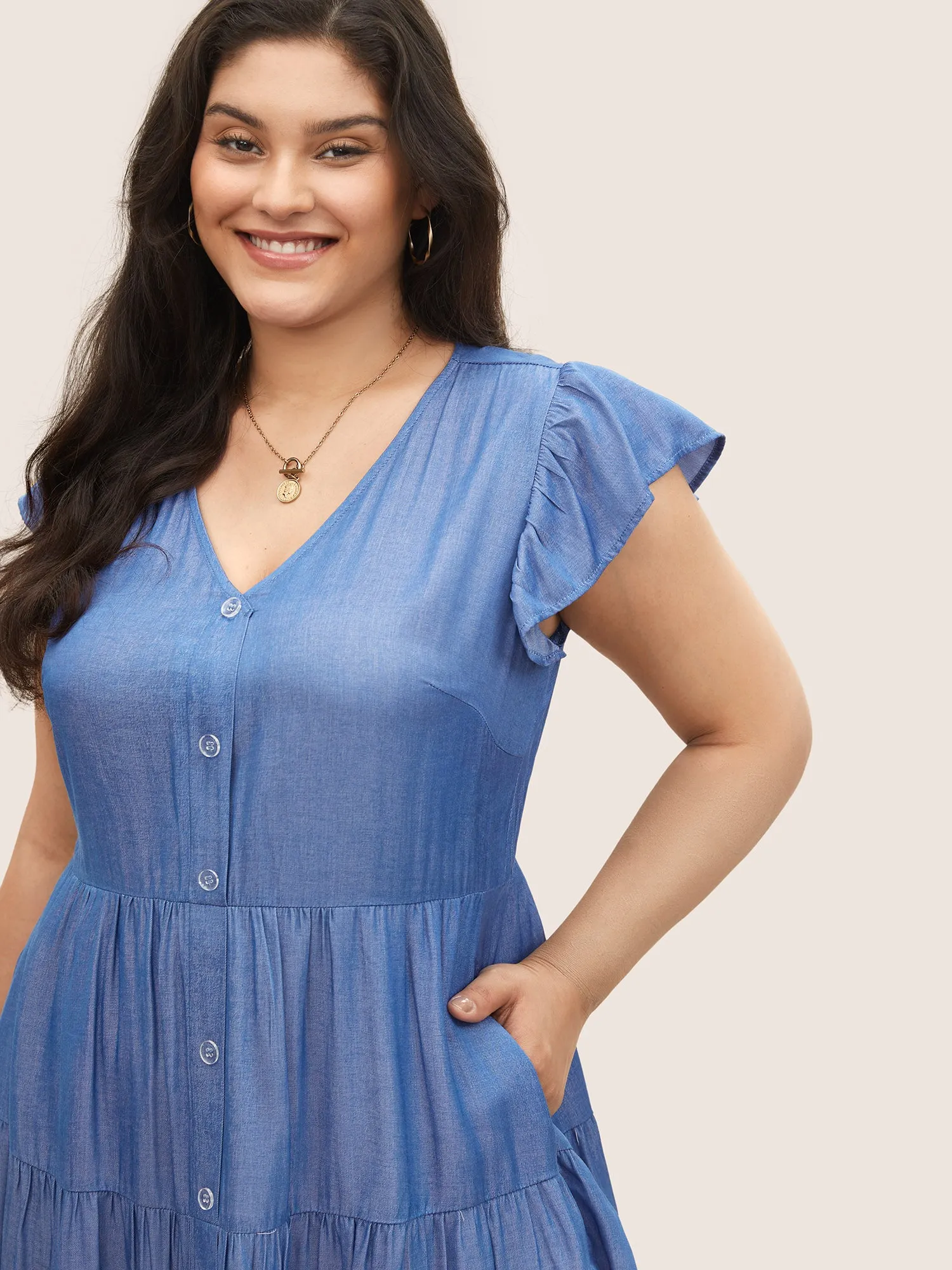 Plain Button Detail Layered Hem Ruffle Cap Sleeve Dress sold by Bloomchic product image thumbnail 4