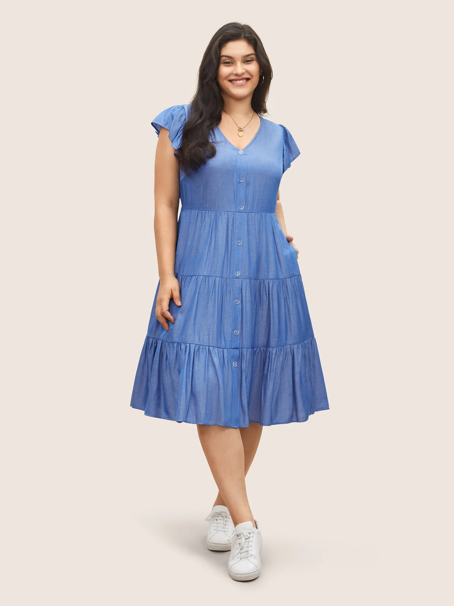 Plain Button Detail Layered Hem Ruffle Cap Sleeve Dress sold by Bloomchic