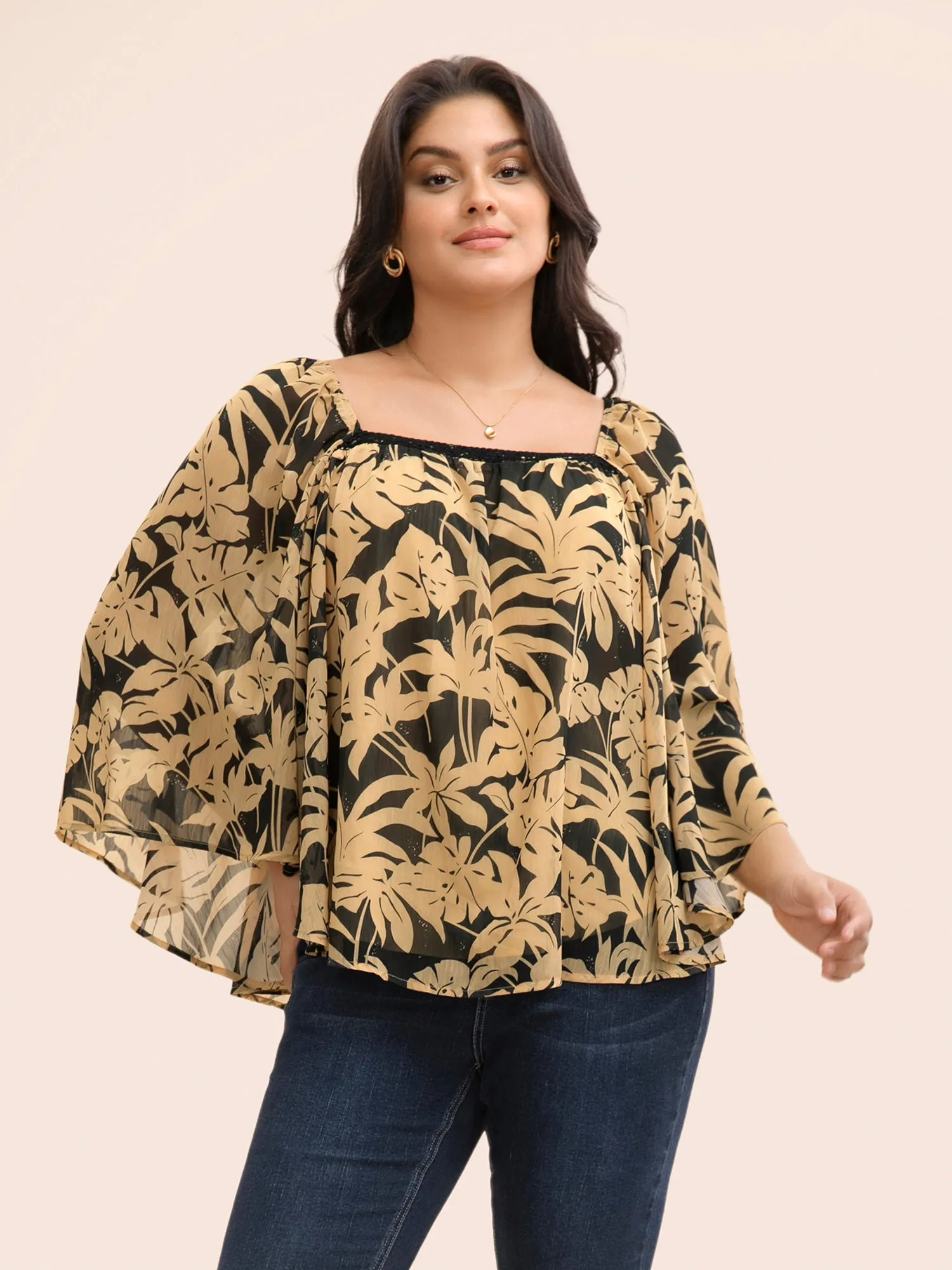 Silhouette Floral Print Batwing Sleeve Contrast Webbing Blouse sold by Bloomchic product image thumbnail 2