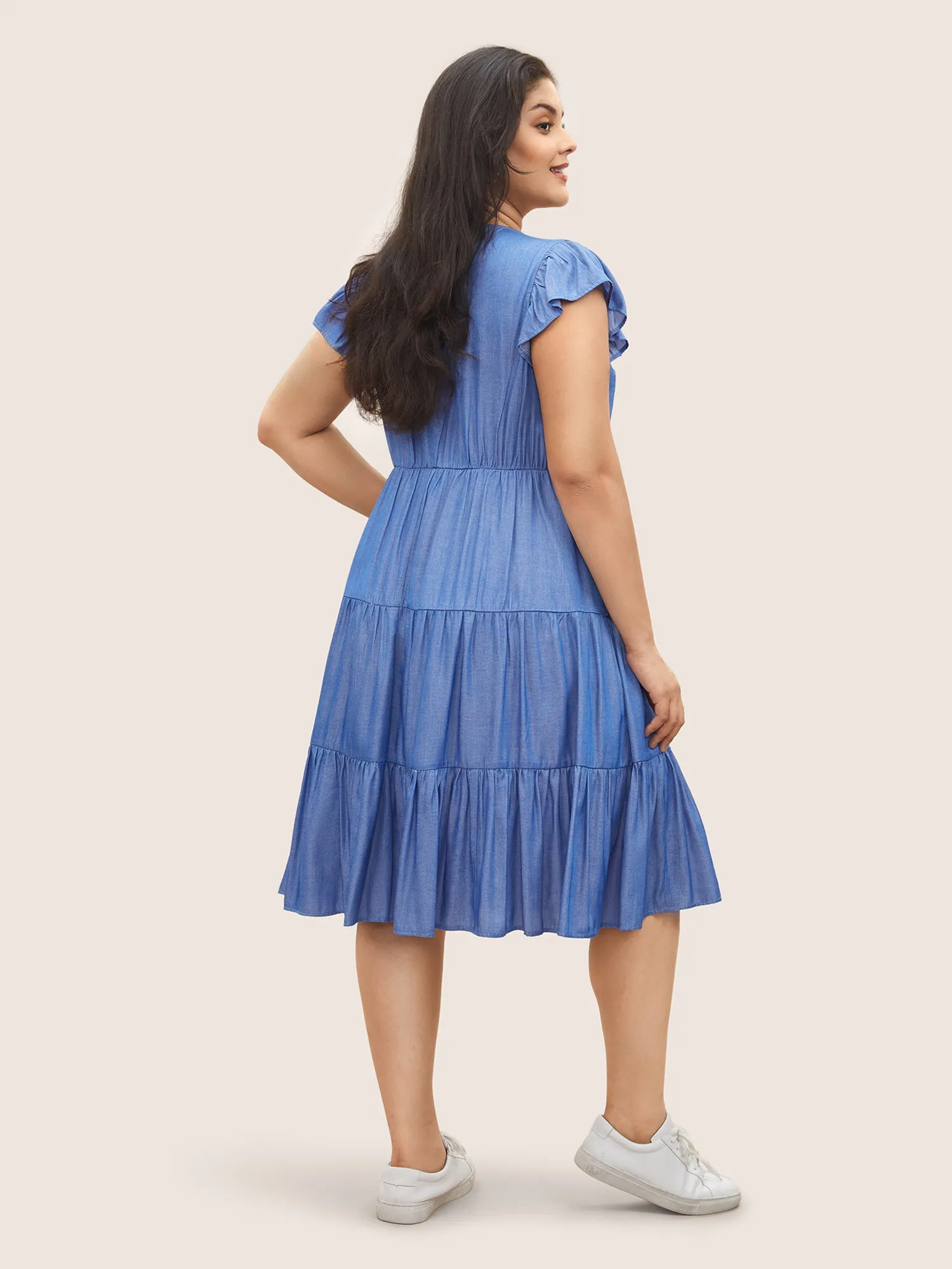 Plain Button Detail Layered Hem Ruffle Cap Sleeve Dress sold by Bloomchic product image thumbnail 2