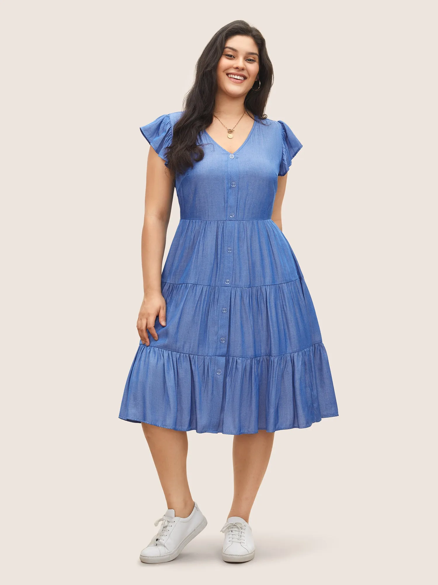Plain Button Detail Layered Hem Ruffle Cap Sleeve Dress sold by Bloomchic product image thumbnail 3