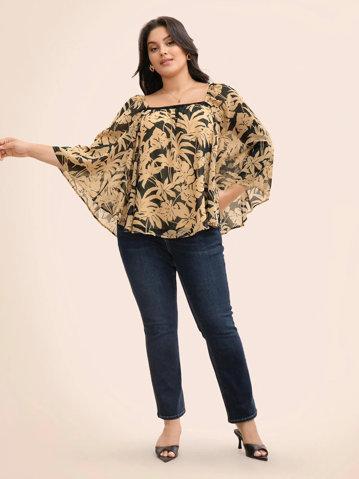 Silhouette Floral Print Batwing Sleeve Contrast Webbing Blouse sold by Bloomchic product image thumbnail 3