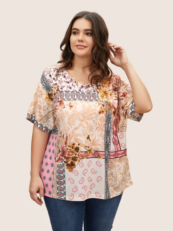 Round Neck Boho Print Patchwork T-shirt sold by Bloomchic