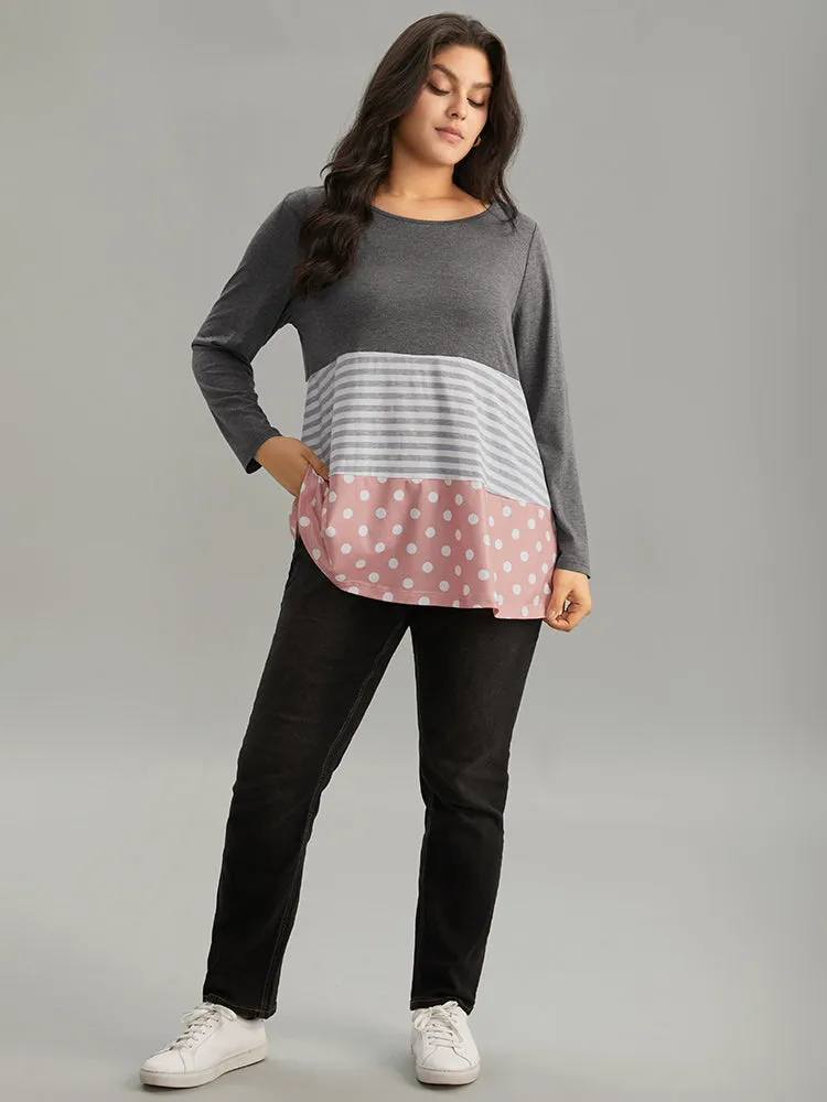 Striped Polka Dot Patchwork Contrast Round Neck T-shirt sold by Bloomchic product image thumbnail 3