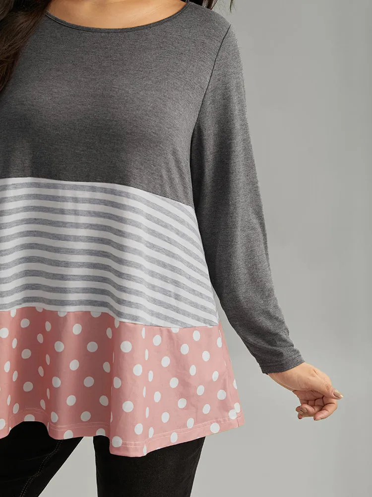 Striped Polka Dot Patchwork Contrast Round Neck T-shirt sold by Bloomchic product image thumbnail 4