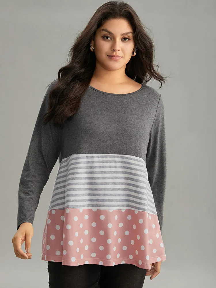 Striped Polka Dot Patchwork Contrast Round Neck T-shirt sold by Bloomchic