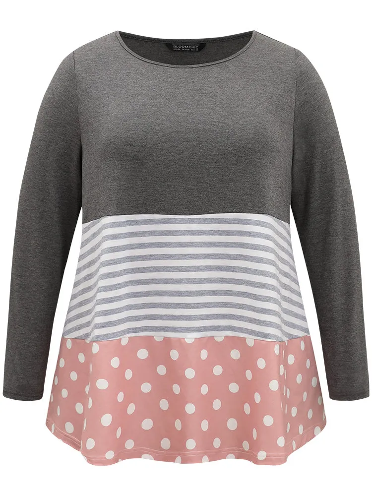 Striped Polka Dot Patchwork Contrast Round Neck T-shirt sold by Bloomchic product image thumbnail 5