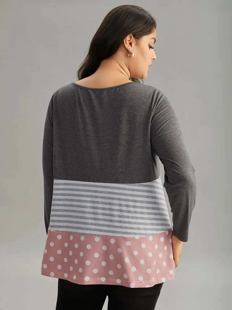 Striped Polka Dot Patchwork Contrast Round Neck T-shirt sold by Bloomchic product image thumbnail 2