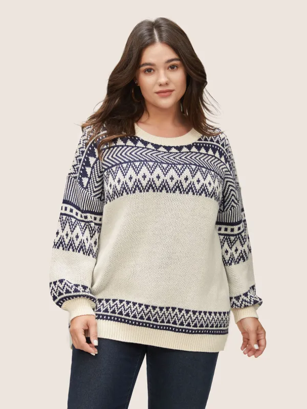 Geometric Jacquard Drop Shoulder Pullover sold by Bloomchic