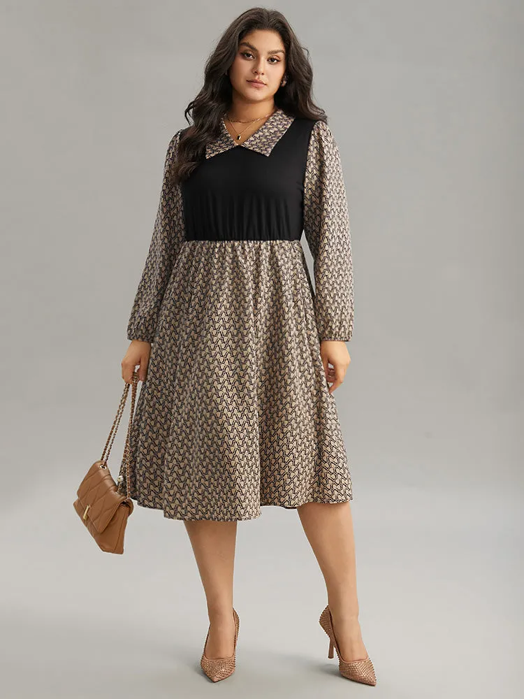 Geometric Patchwork Lapel Collar Lantern Sleeve Dress sold by Bloomchic