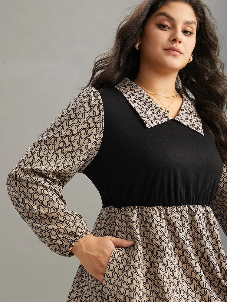 Geometric Patchwork Lapel Collar Lantern Sleeve Dress sold by Bloomchic product image thumbnail 4