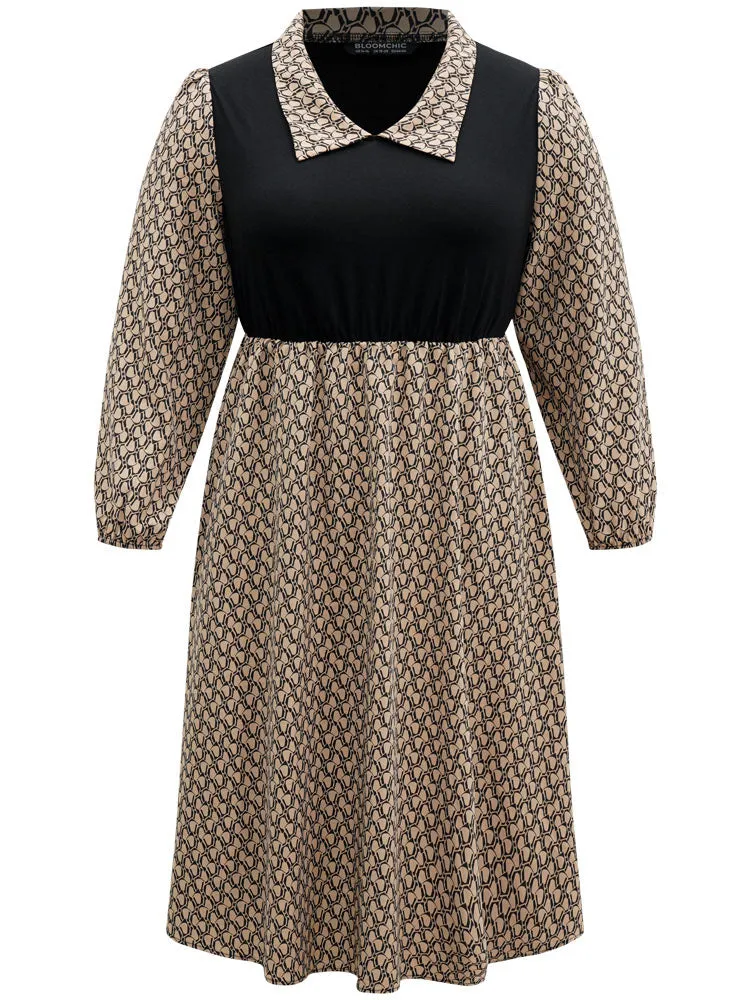 Geometric Patchwork Lapel Collar Lantern Sleeve Dress sold by Bloomchic product image thumbnail 5