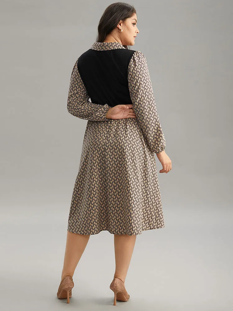 Geometric Patchwork Lapel Collar Lantern Sleeve Dress sold by Bloomchic product image thumbnail 2