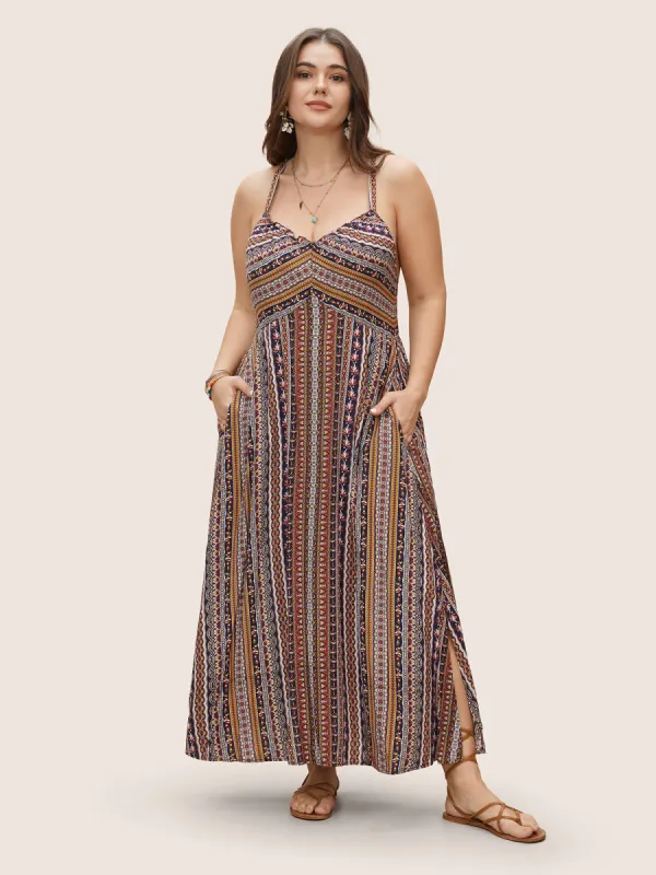 Boho Print Elastic Waist Split Hem Cami Dress sold by Bloomchic