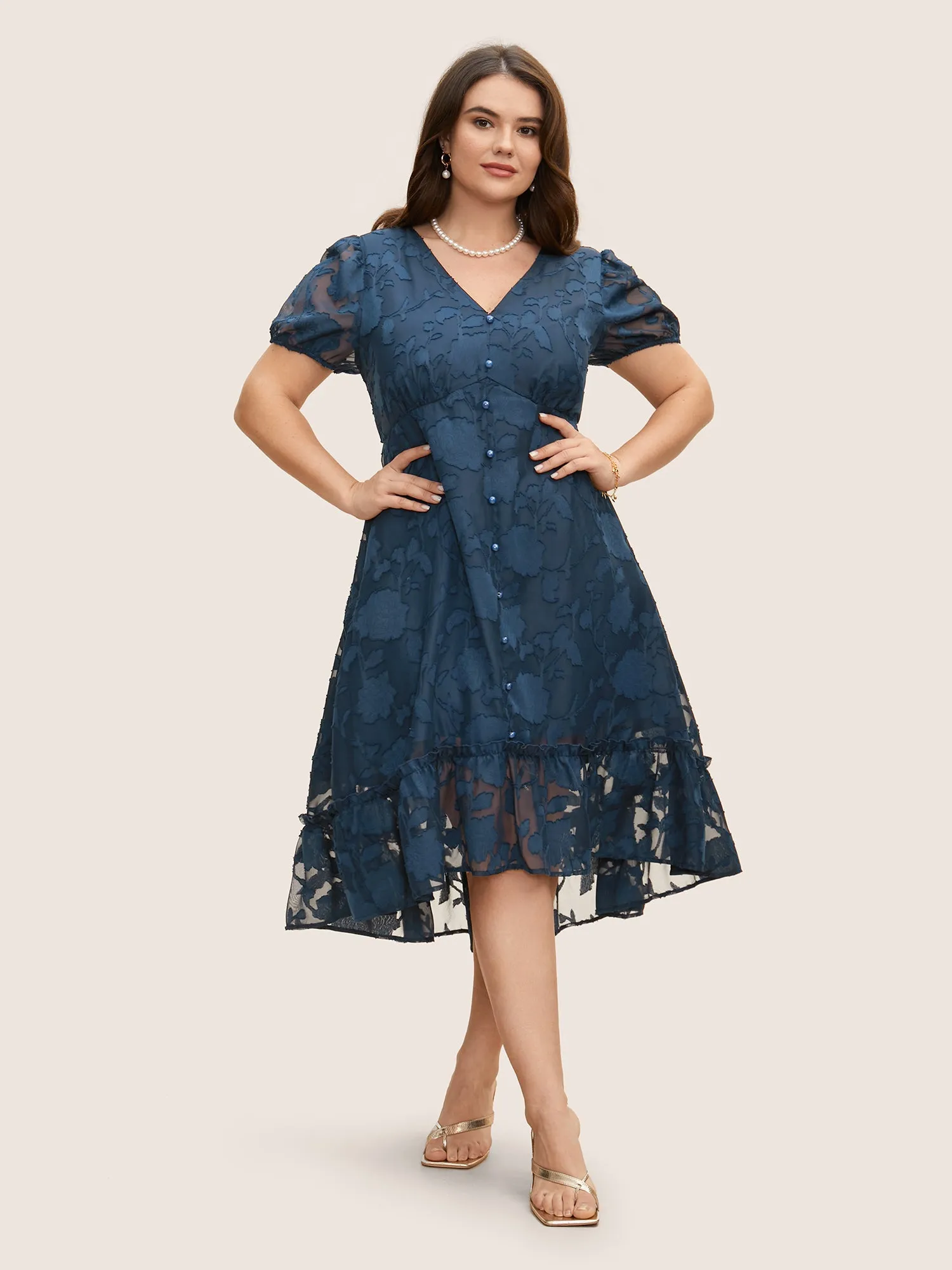 Textured Mesh Puff Sleeve Button Detail Dress sold by Bloomchic product image thumbnail 2