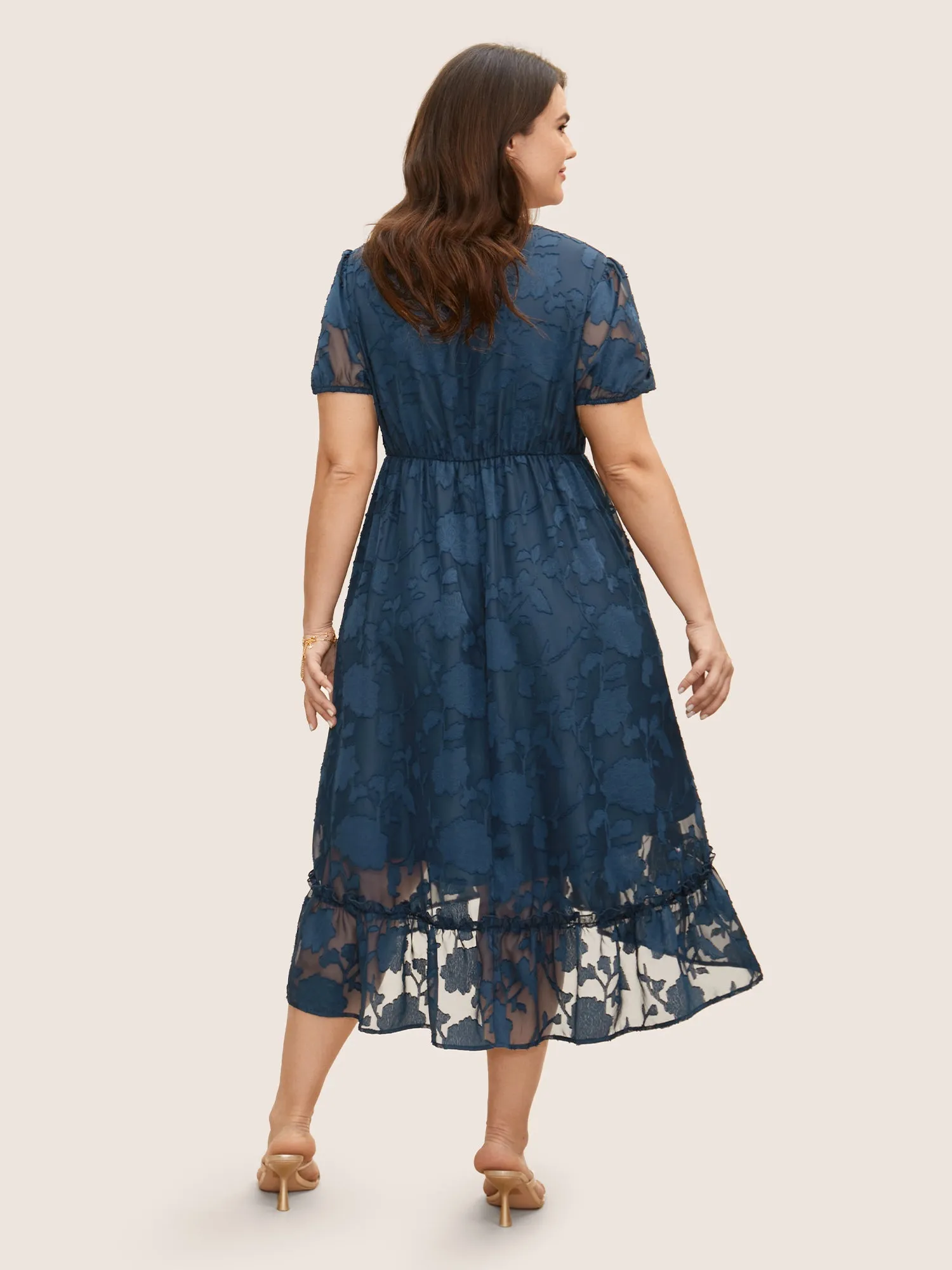 Textured Mesh Puff Sleeve Button Detail Dress sold by Bloomchic product image thumbnail 3