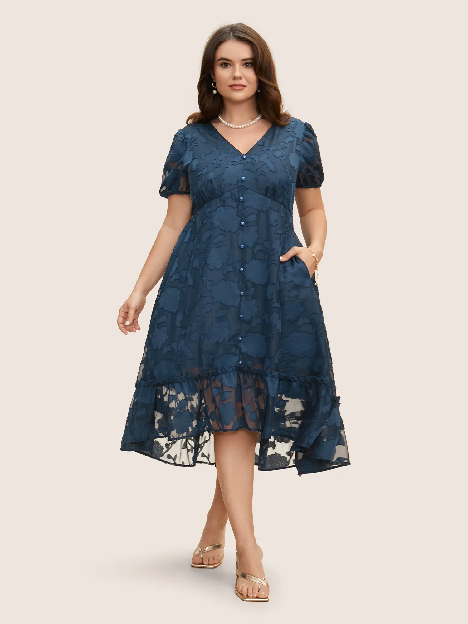 Textured Mesh Puff Sleeve Button Detail Dress sold by Bloomchic