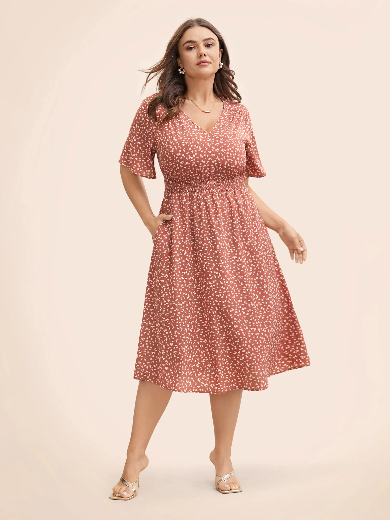 Ditsy Floral Shirred Ruffle Sleeve Midi Dress sold by Bloomchic