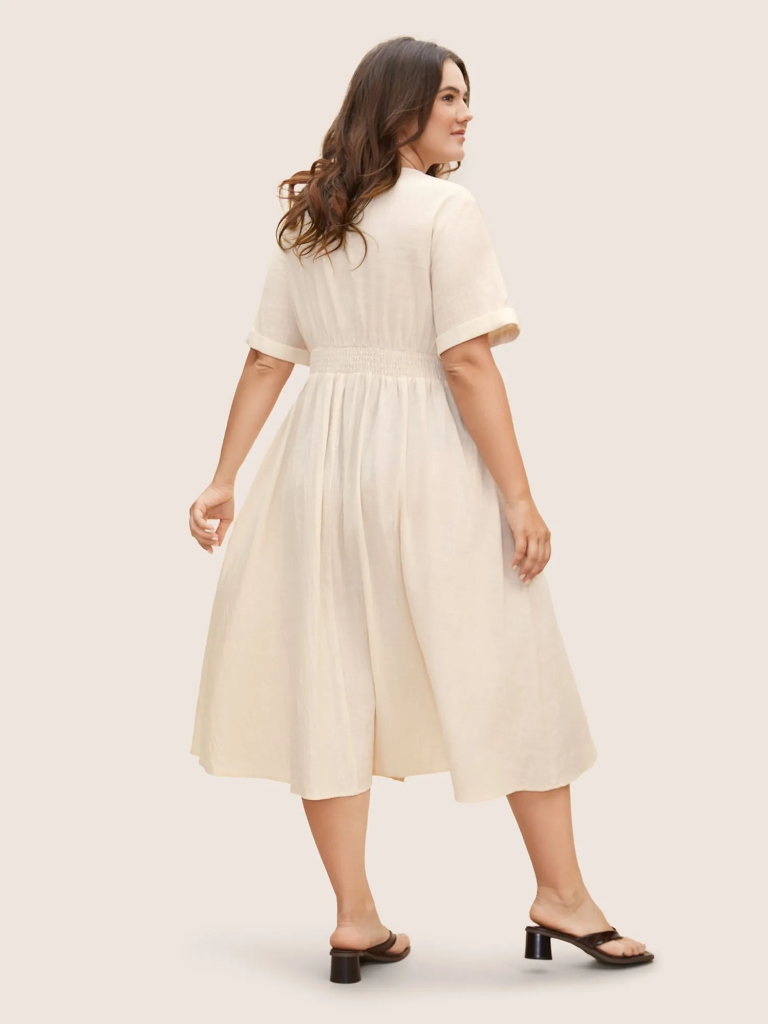 Cotton Linen Cuffed Sleeve Tie Knot Midi Dress sold by Bloomchic product image thumbnail 4
