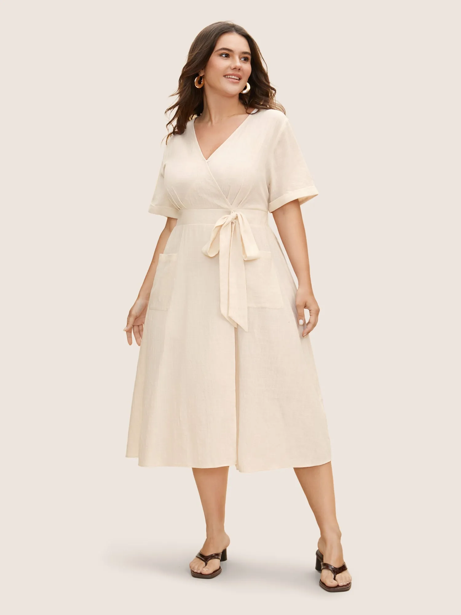 Cotton Linen Cuffed Sleeve Tie Knot Midi Dress sold by Bloomchic product image thumbnail 3