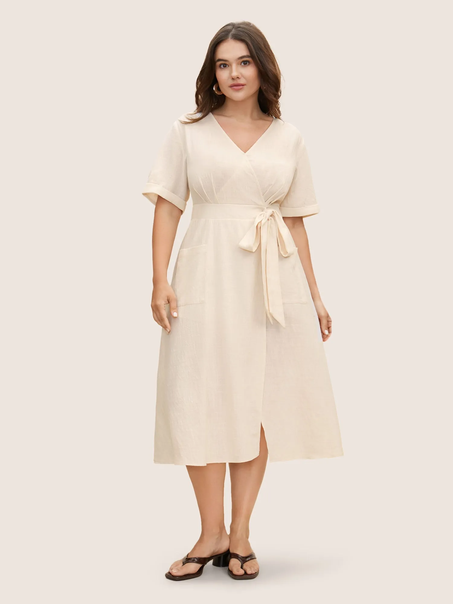 Cotton Linen Cuffed Sleeve Tie Knot Midi Dress sold by Bloomchic