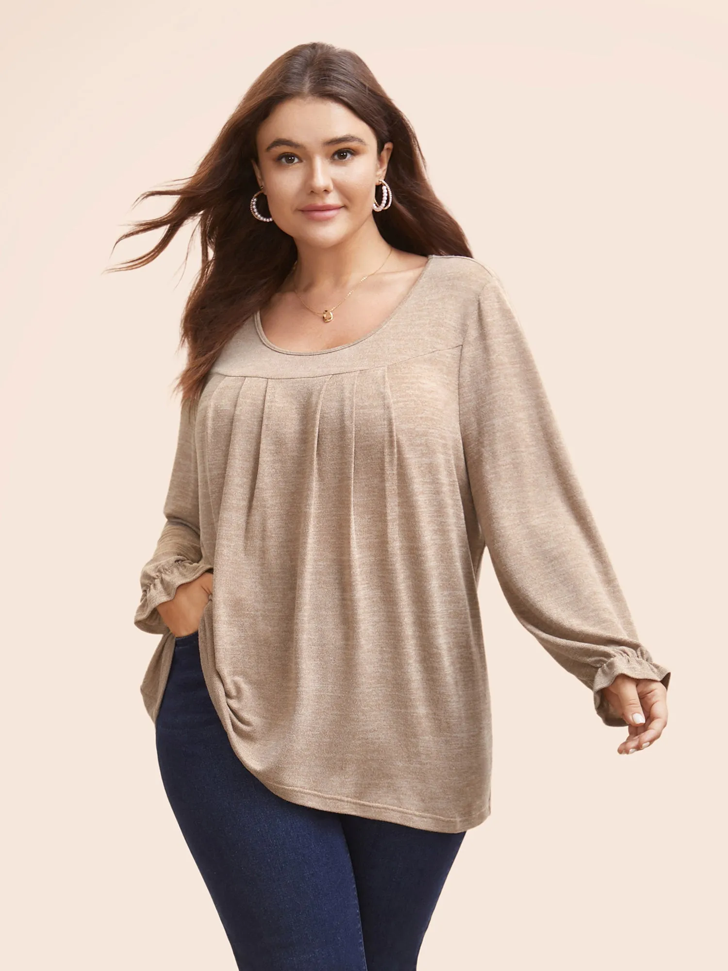 Round Neck Heather Pleated T-shirt sold by Bloomchic