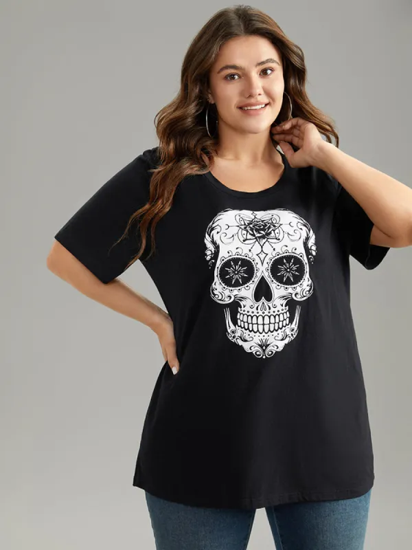 Halloween Skull Print Basic T-shirt sold by Bloomchic