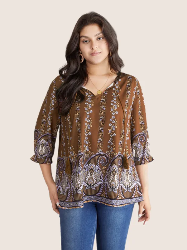 Bandana Print Tassels Ties Flutter Sleeve Blouse sold by Bloomchic
