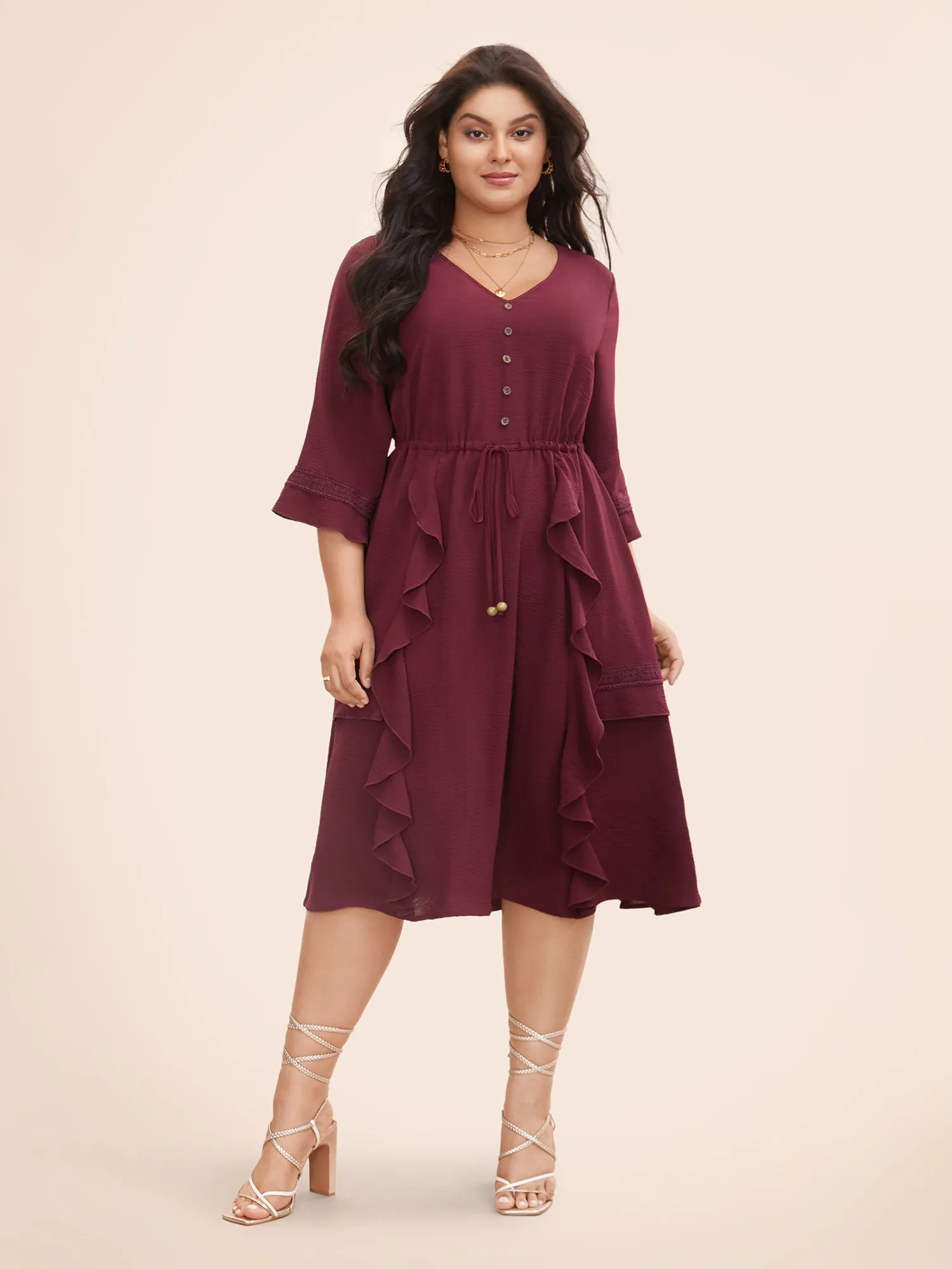 Plain Ruffle Trim Button Detail Drawstring Dress sold by Bloomchic product image thumbnail 2