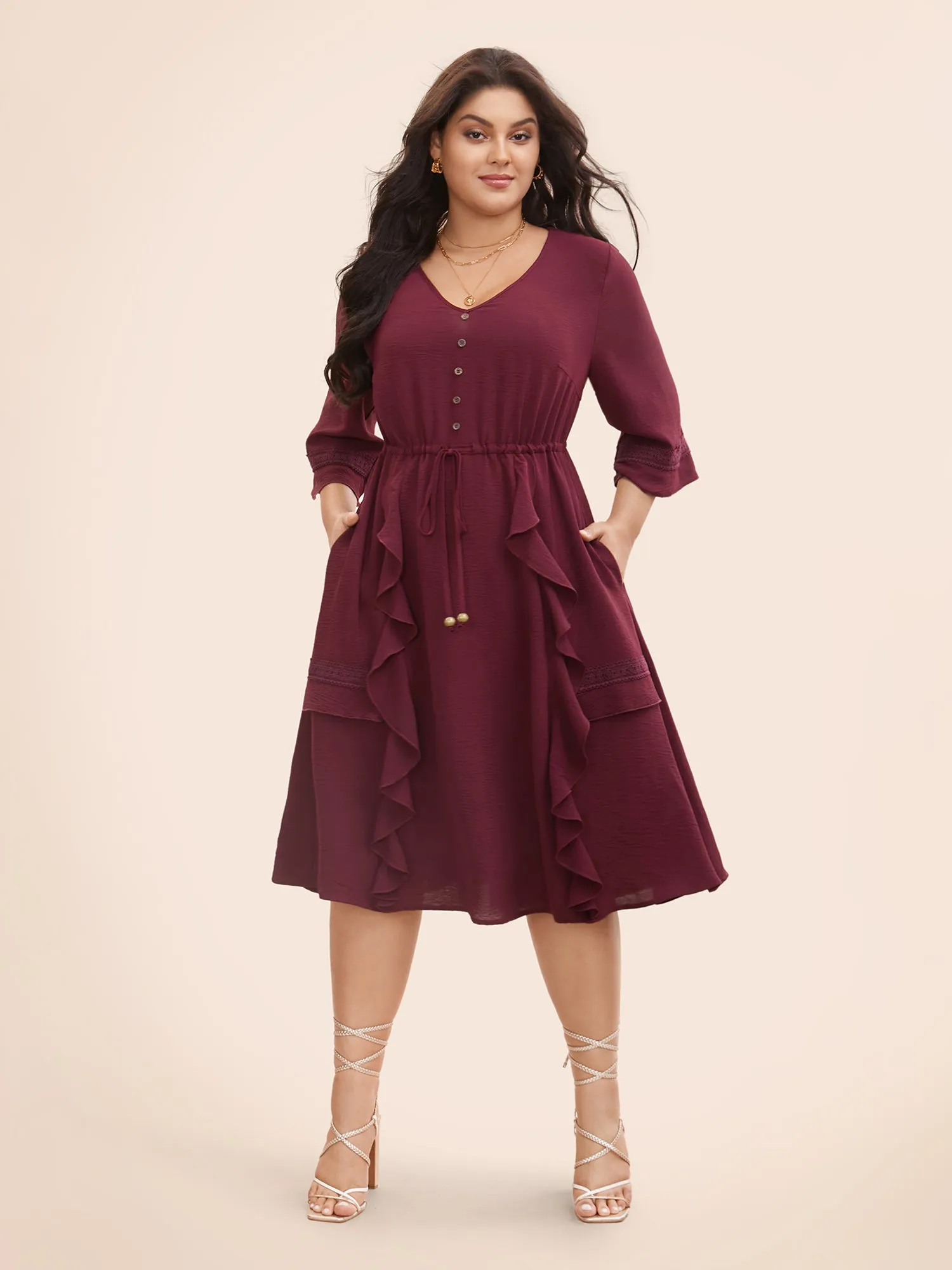 Plain Ruffle Trim Button Detail Drawstring Dress sold by Bloomchic