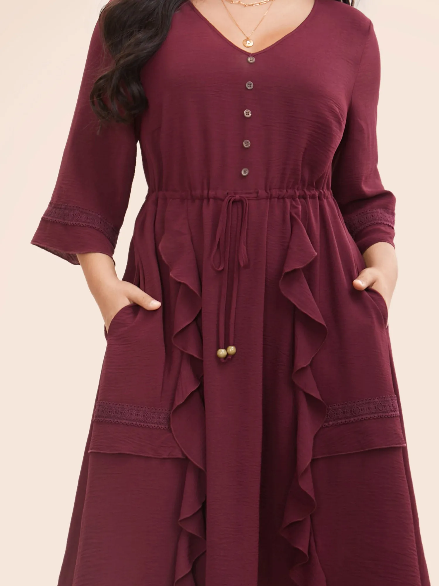 Plain Ruffle Trim Button Detail Drawstring Dress sold by Bloomchic product image thumbnail 4