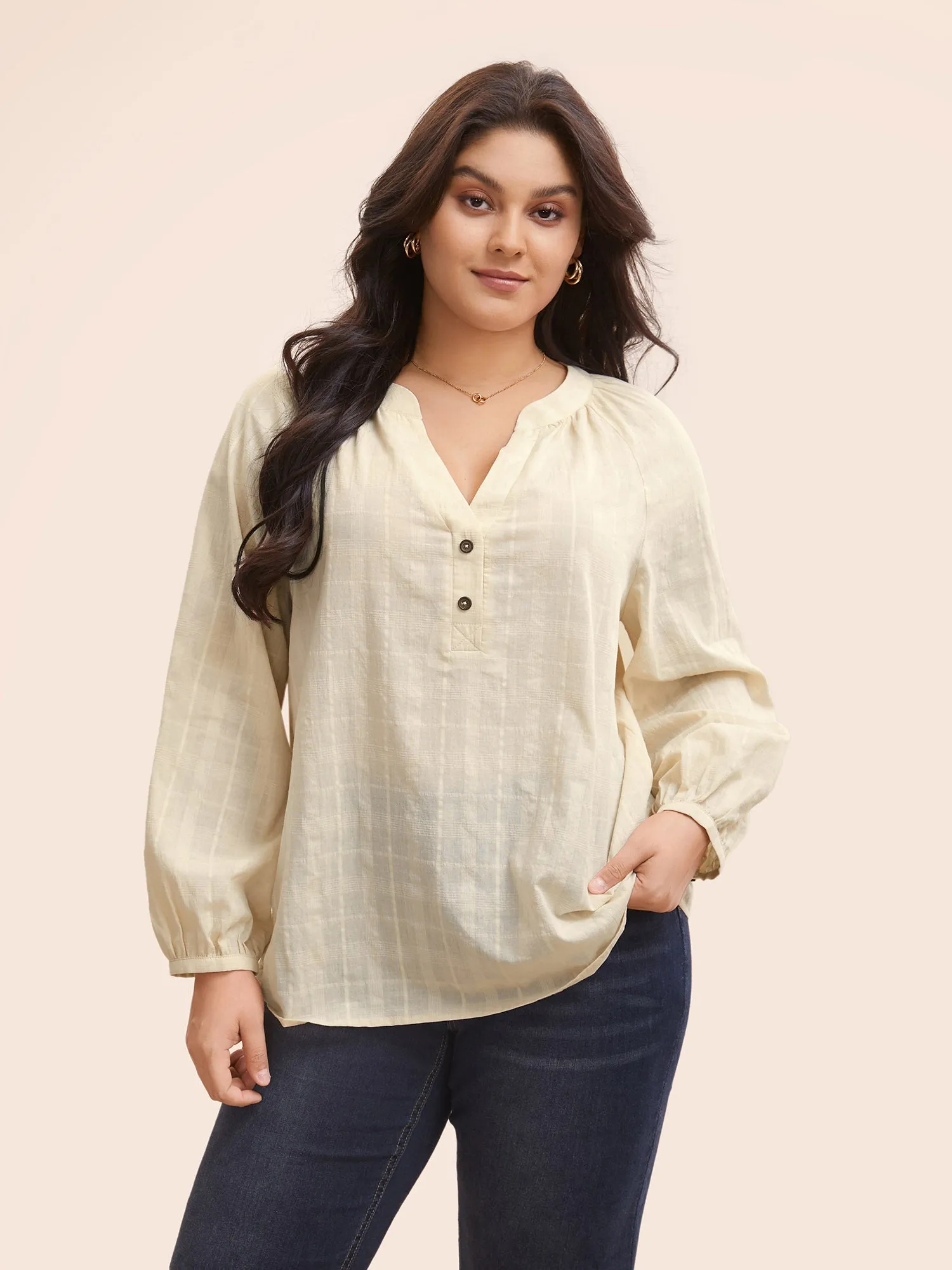 Cotton Notched Texture Button Detail Blouse sold by Bloomchic