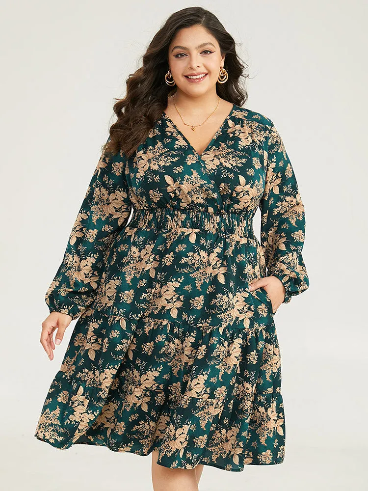 Silhouette Floral Print Surplice Neck Shirred Dress sold by Bloomchic