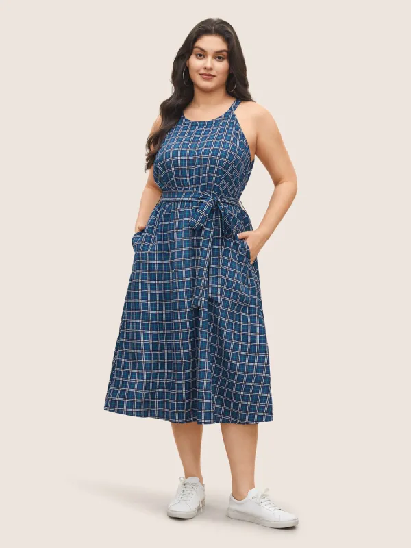Plaid Pocket Belted Halter Midi Dress sold by Bloomchic