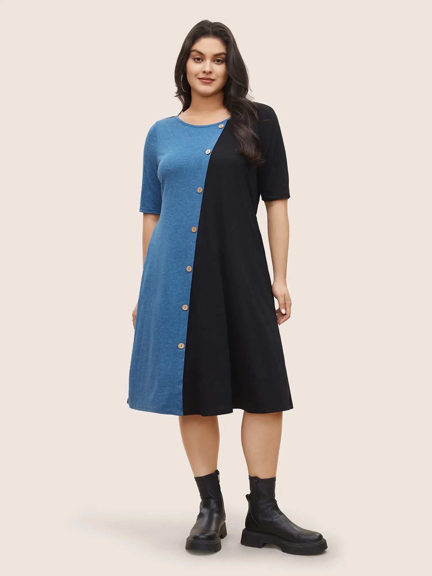 Supersoft Essentials Colorblock Button Detail Patchwork Dress sold by Bloomchic