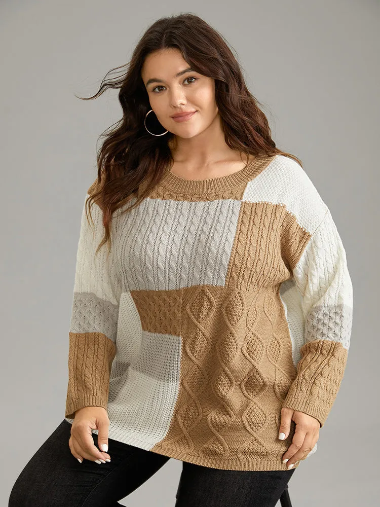 Cable Knit Colorblock Patchwork Pullover sold by Bloomchic product image thumbnail 3