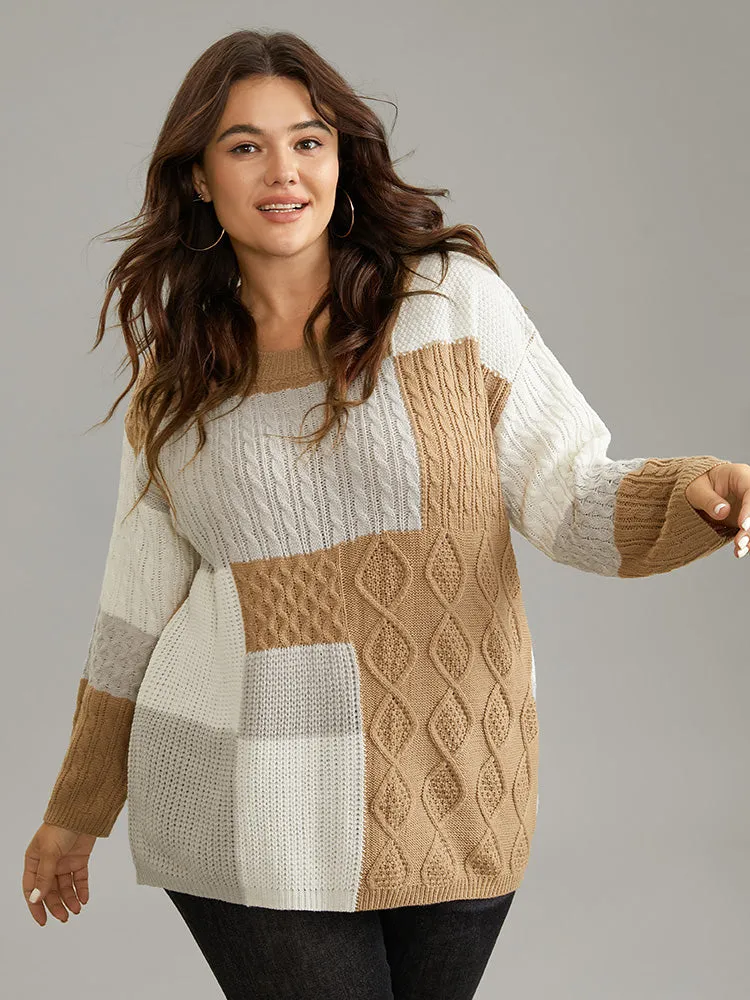 Cable Knit Colorblock Patchwork Pullover sold by Bloomchic