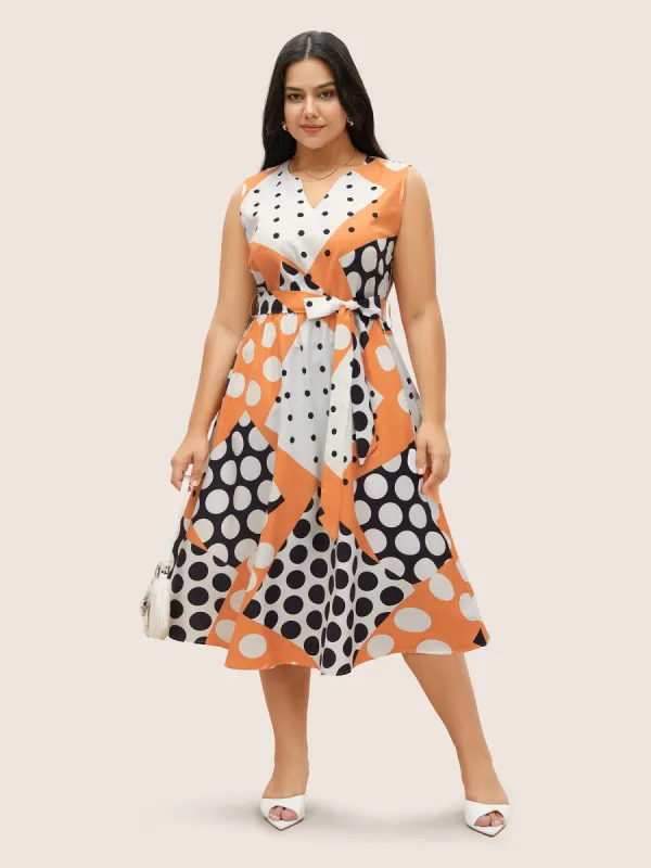 Polka Dot Contrast Notched Collar Belted Dress sold by Bloomchic