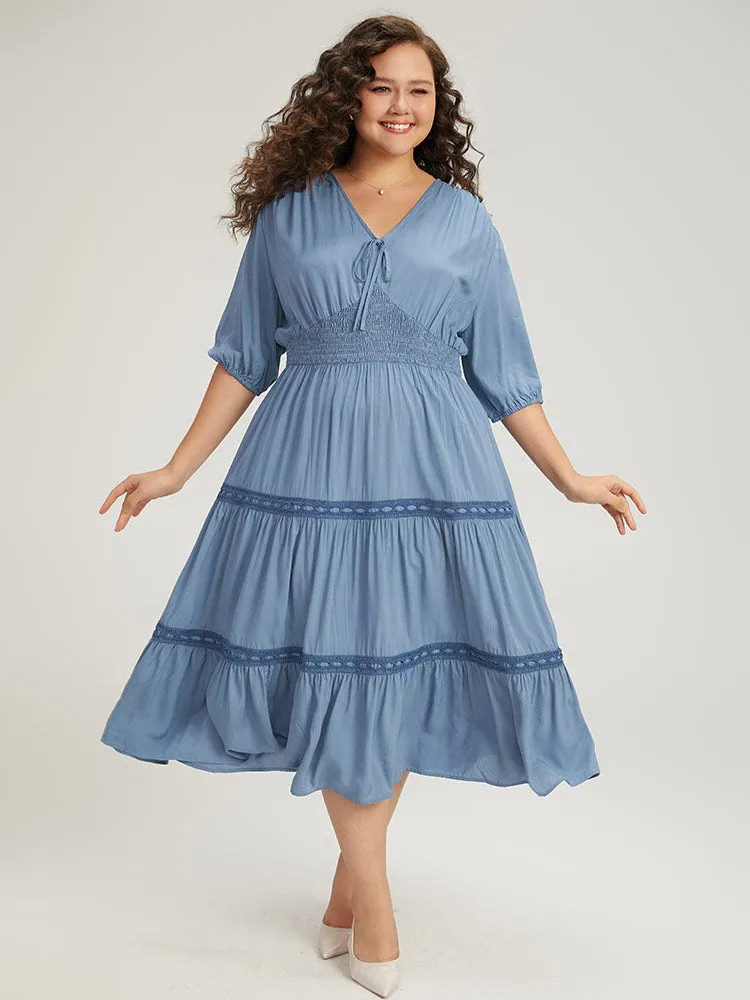 Solid Shirred Stitch Layered Hem Ties Dress sold by Bloomchic product image thumbnail 5