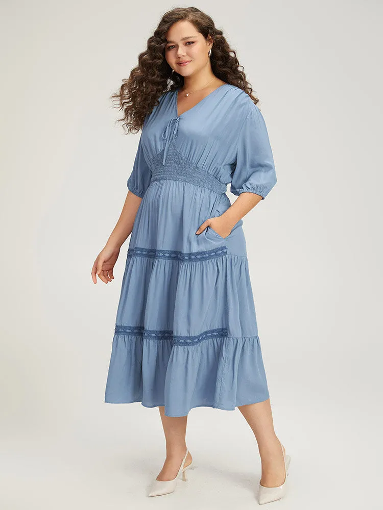 Solid Shirred Stitch Layered Hem Ties Dress sold by Bloomchic product image thumbnail 3