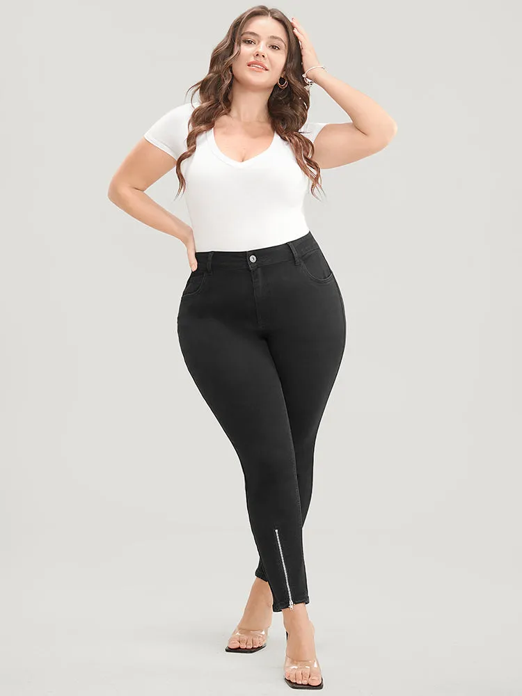 Moderately Stretchy High Rise Dark Wash Zipper Hem Jeans sold by Bloomchic product image thumbnail 3